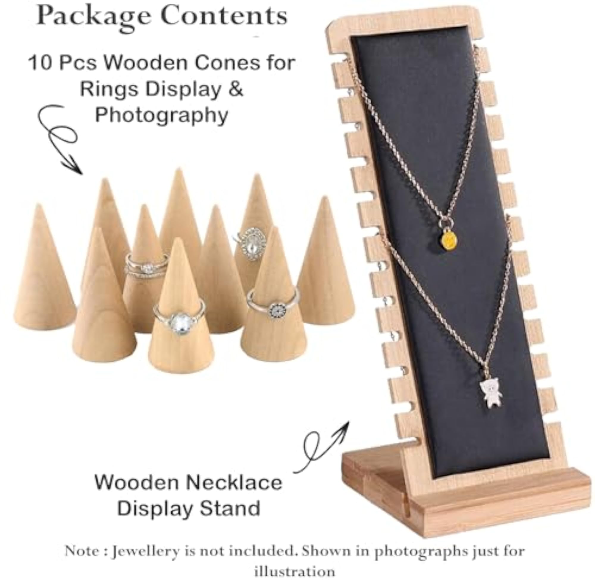 Wooden Necklace Display Stand & 10 Pc Wooden Cone for Rings Display
